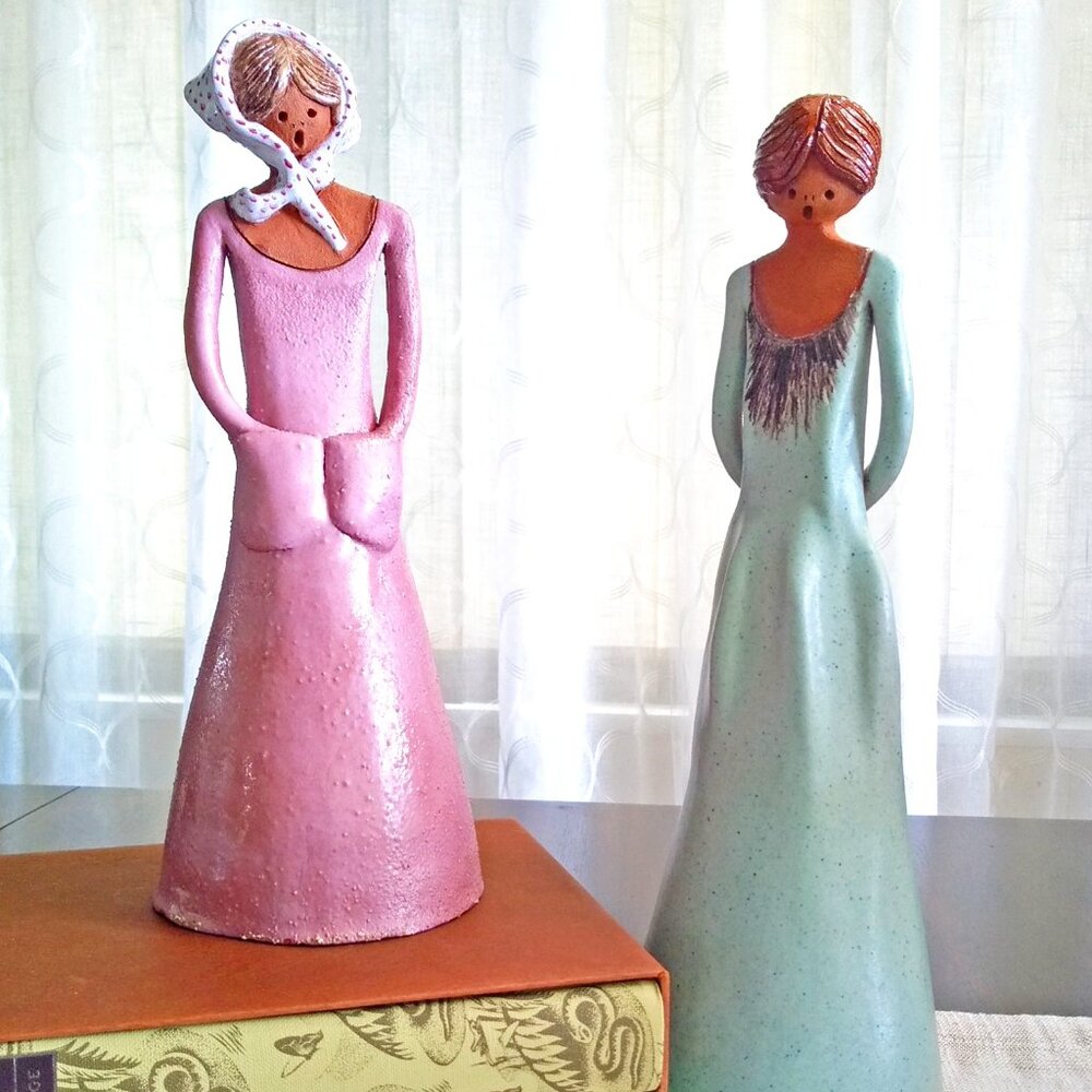 Unique Clay Art Singing Girl Figurines, Vintage 1970s